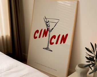 Trendy Cin Cin Poster, Cheers Print, Cocktail Print, Martini Poster Print, Trendy Poster Gift, Retro Art, Kitchen Print, Modern Boho Decor