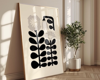 Modern Abstract Floral Print, Bold Black Flower Wall Art, Scandinavian Minimal Poster, Contemporary Botanical Artwork for Stylish Home