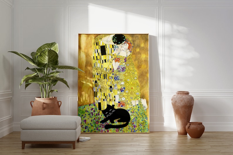May include: A framed print of Gustav Klimt's "The Kiss" hangs on a white wall. A black cat rests on the green and purple floral foreground. A large potted plant, a footstool, and terracotta vases complete the scene.