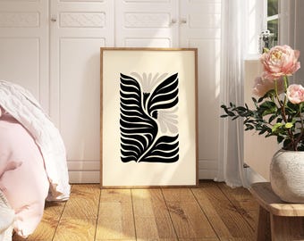 Black Flower Pattern Print, Modern Abstract Floral Wall Art, Minimal Scandinavian Artwork, Contemporary Botanical Poster for Neutral Decor
