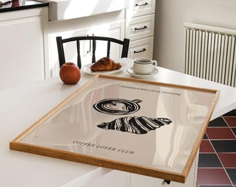 Coffee and Croissant Wall Art Print, Breakfast Illustration Poster for Kitchen Decor