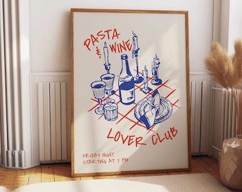 Pasta & Wine Wall Art Print: Italian Dinner Table Illustration for Kitchen Dining Decor