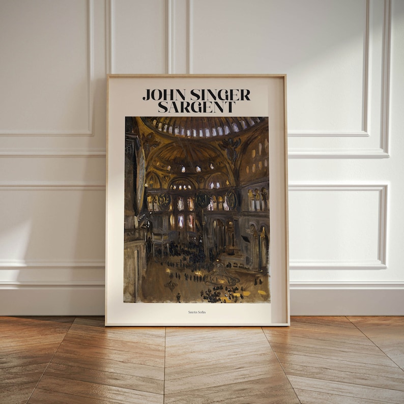 May include: Framed art print featuring a watercolor painting of a grand interior with a domed ceiling and numerous figures. The print includes the text "JOHN SINGER SARGENT" at the top and "Santa Sofia" at the bottom.