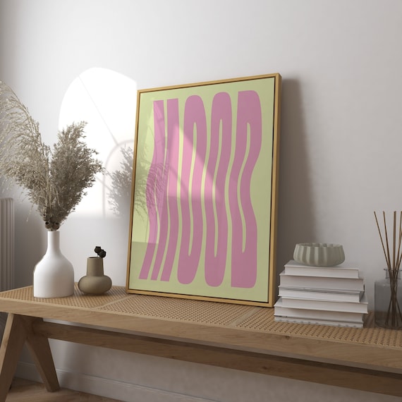 Trendy Retro Mood Print, Pink & Yellow Wavy Letters (Unframed Wall Art)