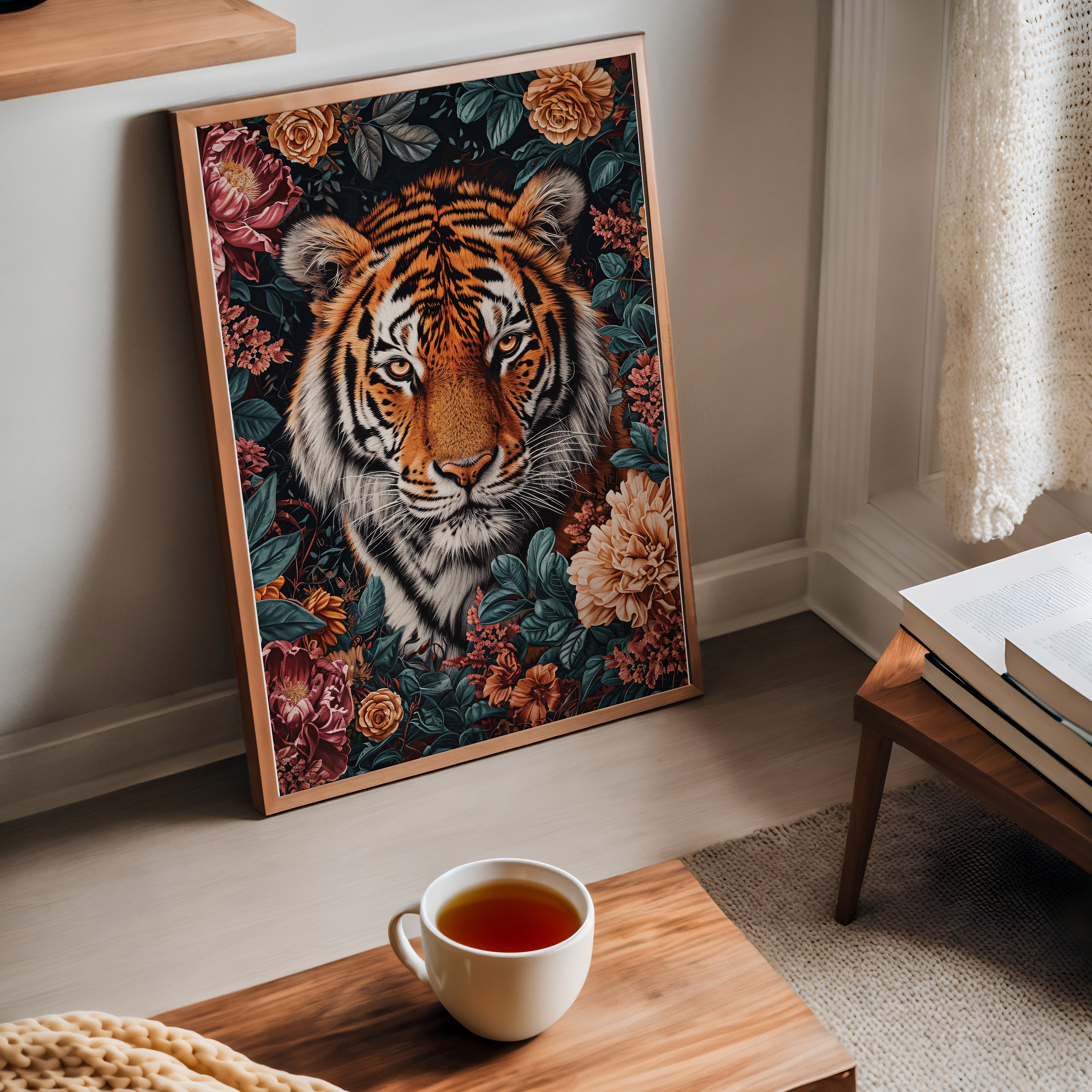 Tiger Poster, Maximalist Schlafzimmer Wandkunst, Dopamin-Dekor, Grüner Kitsch Ästhetik, Tiger in einem Blumen Druck, Adrette Wandkunst, trendige Dekoration