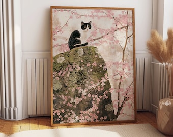 Sakura Cat Illustration, Japanese Style Wall Art (Minimalist, Calm)
