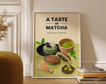 Matcha groene thee kunst aan de muur, Japanse dessertillustratie (decor keukencafé)
