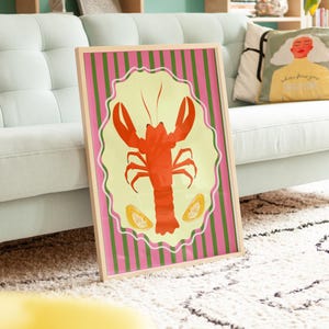 Lobster & Lemon Wall Art Print, Bold Lobster Illustration for Kitchen or Dining, Retro Coastal Seafood Decor, Vibrant Pink Green Poster