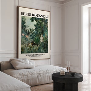 May include: A vintage poster featuring a painting of a lush green jungle scene by Henri Rousseau. The poster is titled "The Equatorial Jungle" and includes the text "The National Gallery of Art, 1909".