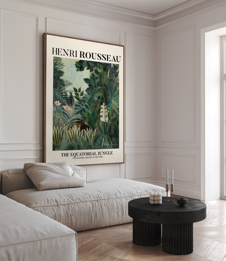May include: A vintage poster featuring a painting of a lush green jungle scene by Henri Rousseau. The poster is titled "The Equatorial Jungle" and includes the text "The National Gallery of Art, 1909".