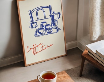 Può includere: Una stampa incorniciata con un'illustrazione blu di una caffettiera e tazze su un vassoio. Il testo "Coffee Culture" è scritto in rosso sotto l'illustrazione.
