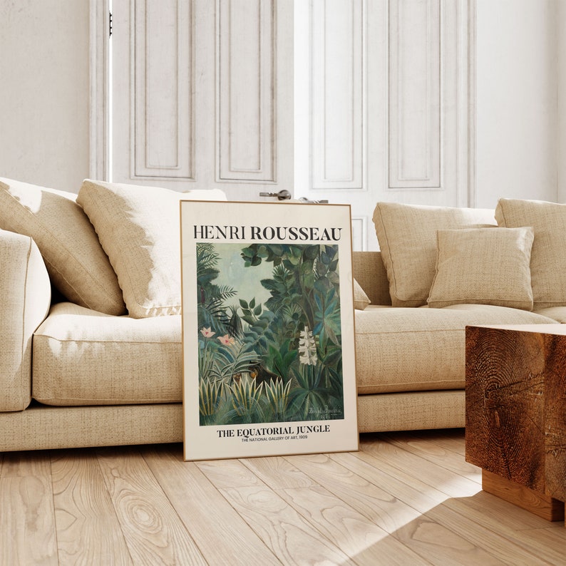 May include: A poster featuring a painting by Henri Rousseau titled "The Equatorial Jungle". The painting depicts a lush green jungle scene with a monkey in the foreground.