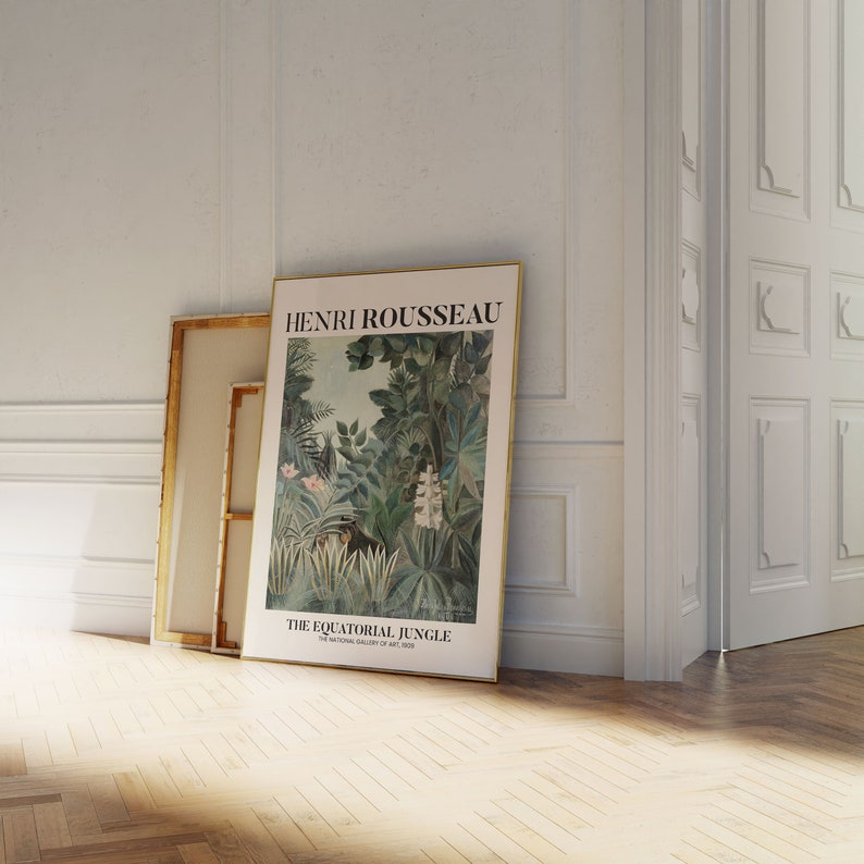May include: A framed poster of a painting by Henri Rousseau titled "The Equatorial Jungle." The painting depicts a lush jungle scene with vibrant green foliage, pink flowers, and a monkey in the center.