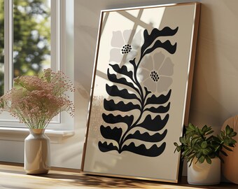 Black Abstract Floral Print, Modern Bold Flower Wall Art, Minimal Scandinavian Poster, Contemporary Botanical Pattern Artwork for Bedroom