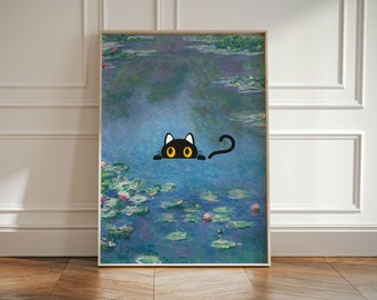 Waterlily Cat Art Print: Monet Inspired Floral Design (Multiple Sizes)