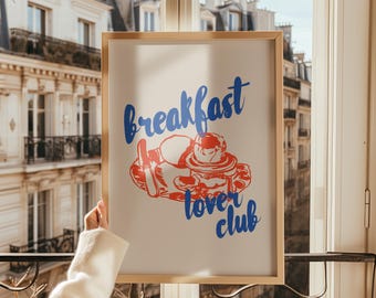 Breakfast Lover Club-muurkunstafdruk: illustratie Croissantboter voor keuken- en cafédecoratie