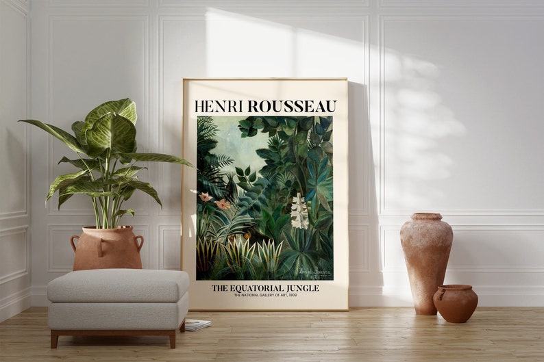 May include: A framed poster of a painting by Henri Rousseau titled "The Equatorial Jungle". The painting depicts a lush green jungle scene with large leaves, flowers, and a glimpse of a tiger.
