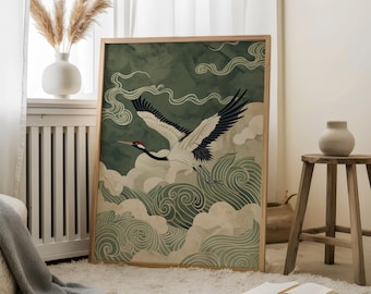 Japanese Crane in Swirling Cloud Skies, Ukiyo-e Woodblock-Style Wall Art Poster Print