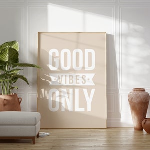 Impresión solo de buenas vibraciones, cartel de citas motivacionales, impresión de arte retro de moda beige, decoración de bar, regalo de impresión de cocina, objeto de decoración estética de cocina