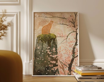 Japanische Katze Kunst Poster, Maximalist Schlafzimmer Wandkunst, Dopamin Dekor, rosa Kitsch Ästhetik, Katzenliebhaber Druck, Adrette Wandkunst, trendige Dekoration