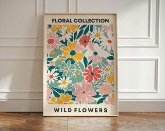 Boho Botanical Art Print, Flower Illustration, Beige Retro Style (Multiple Sizes)
