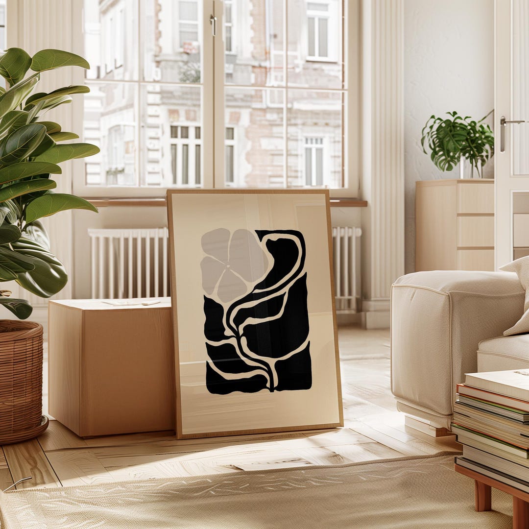 Bold Black Botanical Print, Modern Abstract Floral Wall Art ...