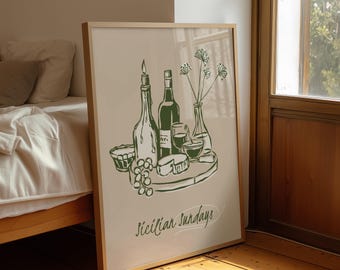 Quadro decorativo "Domingos Sicilianos", estilo italiano para cozinha, ilustração de comida mediterrânea.