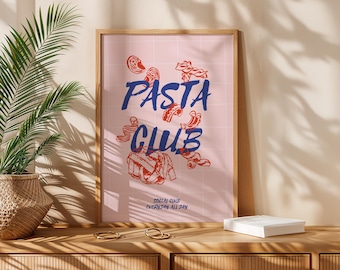 Pasta Club Wall Art Print, Italiaans eten illustratie poster, retro keukendecor