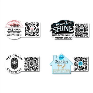 May include: A selection of stickers, each with a unique design and a QR code. One sticker reads "W2HVH ENCLOSURES W2HVH.COM". Another displays "SHINE AUTO DETAILING L.L.C. PANAMA CITY, FL" with a car graphic. Other stickers include "OFF CHAIN CUSTOMS" and "GULF LIFE REAL ESTATE COASTAL VIBES".
