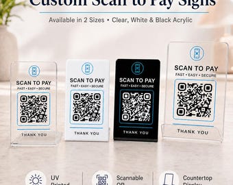 Letreros acrílicos personalizados para pagar mediante escaneo QR, expositores de mostrador con código QR impresos con UV.
