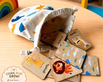 Juego de emparejar animales de madera – Tarjetas de memoria Montessori para niños pequeños con estuche