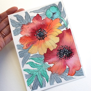 Poppy Watercolor Painting, Floral Wall Art, Small Artwork