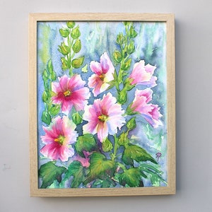 Pink Hollyhock Original Framed Watercolor Painting, Floral Wall Art Gifts for Women