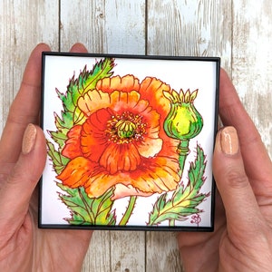 Poppy Framed Watercolor Print Housewarming Gift, Small Square Wall Art Print 4x4 , Floral Decor for Small Space in Bedroom Kitchen Bathroom