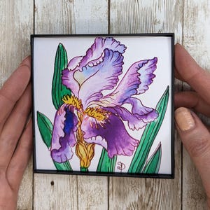 Purple Iris Watercolor Print Small Framed Wall Art, Bedroom Tabletop Decor Housewarming Gifts for Women