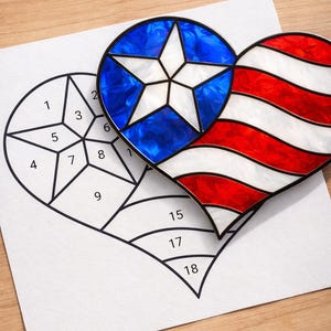 USA Flag Heart Stained Glass Sun Catcher Printable Pattern, Digital Download  PDF, For Printer Only