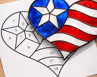 USA Flag Heart Stained Glass Sun Catcher Printable Pattern, Digital Download  PDF, For Printer Only