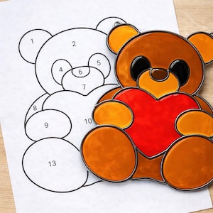 Valentines Bear Stained Glass Sun Catcher Printable Pattern/ Digital Download PDF, For Printer Only