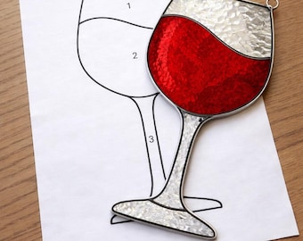 Wijnglas gebrandschilderd glas Sun Catcher afdrukbaar patroon, digitale download pdf, alleen voor printer