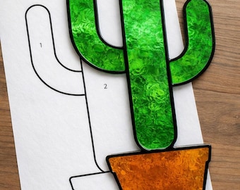 Cactus Stained Glass Sun Catcher Printable Pattern, Digital Download PDF, For Printer Only