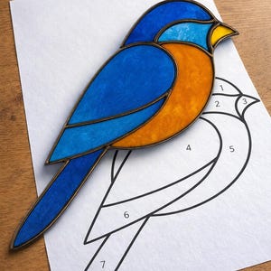 Patrón imprimible/descarga digital en PDF para atrapasoles de vidrieras con diseño de pájaro azul, solo para impresora.