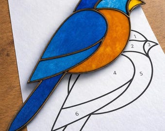 Patrón imprimible/descarga digital en PDF para atrapasoles de vidrieras con diseño de pájaro azul, solo para impresora.