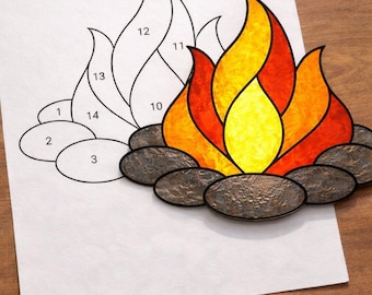 Campfire Stained Glass Sun Catcher Printable Pattern, Digital Download PDF, For Printer Only