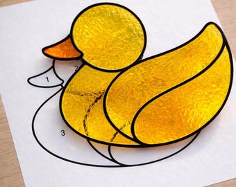 Patrón imprimible de atrapasoles de vidrieras con diseño de patito de goma, descarga digital en PDF, solo para impresora.