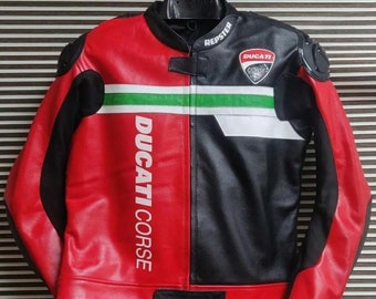Ducati Corse Motorbike Racing Leather Jacket-Cowhide Leather And Certified Protectors-Free Shipping