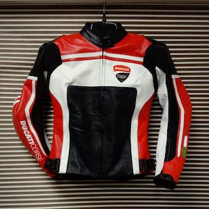 Ducati Corse Motorbike Racing Leather Jacket-Cowhide Leather And Certified Protectors-Free Shipping