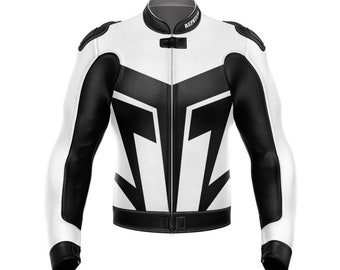 Black And white  World Super Motorbike Racing Leather Jacket-Cowhide Leather And Certified Protectors-Free Shipping