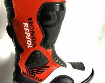Honda Motorbike Racing Leather Boots-Cowhide Leather And Certified Protectors-Free Shipping
