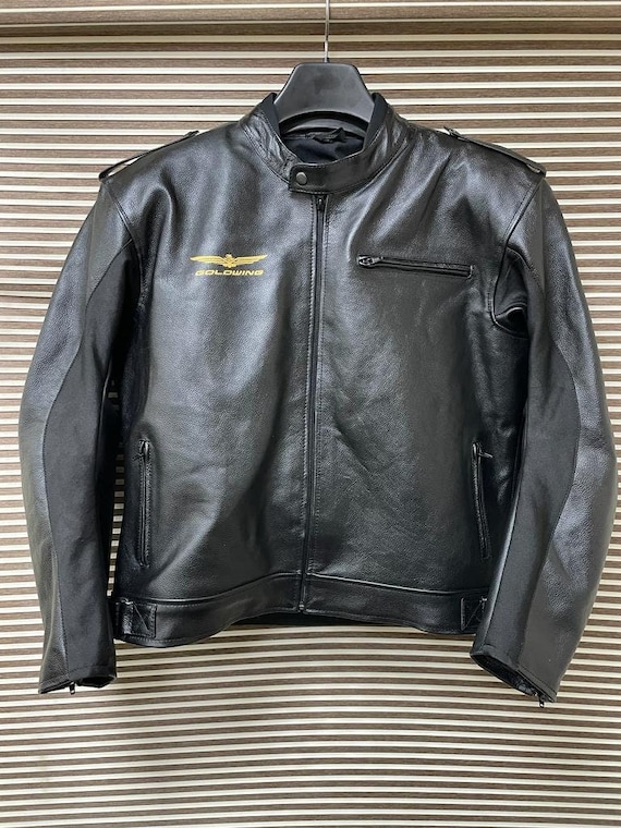 ☆GoldWing☆ バック金ロゴ刺繡 レザーライダースジャケット C-3954 Goldwing Motorbike Racing Leather Jacket All Black-cowhide Leather