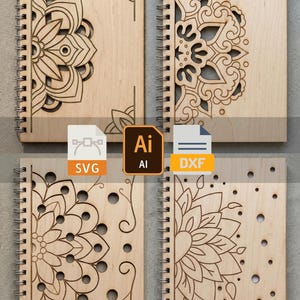 May include: Four wooden spiral-bound notebooks with laser-cut floral designs. The covers are light brown with intricate patterns. The image also includes icons for SVG, AI, and DXF file formats.